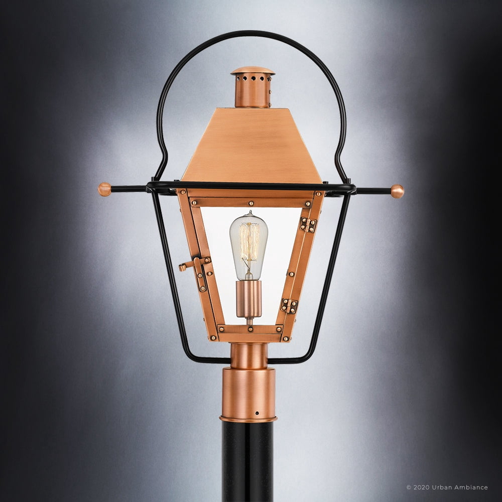 Luxury Historic Outdoor Post Light, 22.75''H x 17.75''W, with Tudor Style Elements, French Country Design, Rustic Copper Finish and Clear Tempered Glass Panels, UQL1380