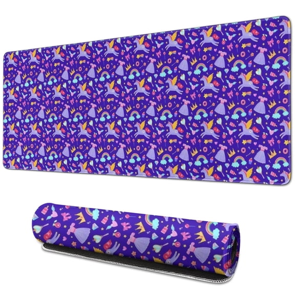 Long Mouse Pads for Desk,Purple Cartoon Unicorn Rainbow Crown Desk Mats on Top Of Desks, Desk Mouse Pad Extra Large with 3mm Non-Slip Base and Stitched Edge for Gaming,Office,Work,Home 31.5"x11.8"