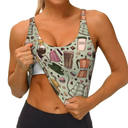 Qokaie Coffee Makers Macaroons Chocolate Pattern Womens Scoop Neck Sports Bra Breathable Workout Vest Padded U Back Medium Impact Fitness Gym Yoga Bra Workout Crop Top