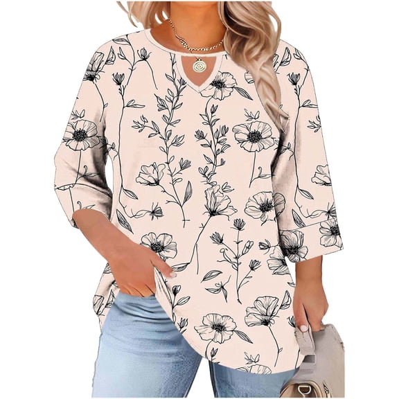 Women 3/4 Sleeve Tunic Blouse,Womens Plus Size Tops 3/4 Length Sleeve Shirts Casual Keyhole Neck T Shirts Loose Summer Blouses