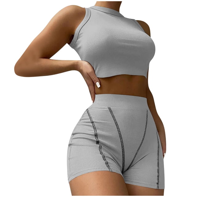 Workout Outfits for Women 2 Piece Ribbed High Waist Biker Shorts with Tank Crop Tops Exercise Set Yoga Outfit Tracksuits