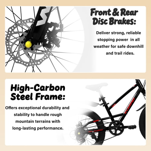 imerelez 20 inch Mountain Kids Bike for Boys & Girls Ages 6-12, 7-Speed Drivetrain with Front Suspension & Disc Brakes for Neighborhood Riding & Gift,Black