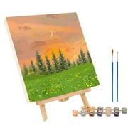 Framed Paint by Numbers for Adults, Easy Acrylic Oil on Canvas Kit with Wooden Frame for Home Decor, Moon Grassland Scene, 7.88x7.88 Inches for Teens & Beginners