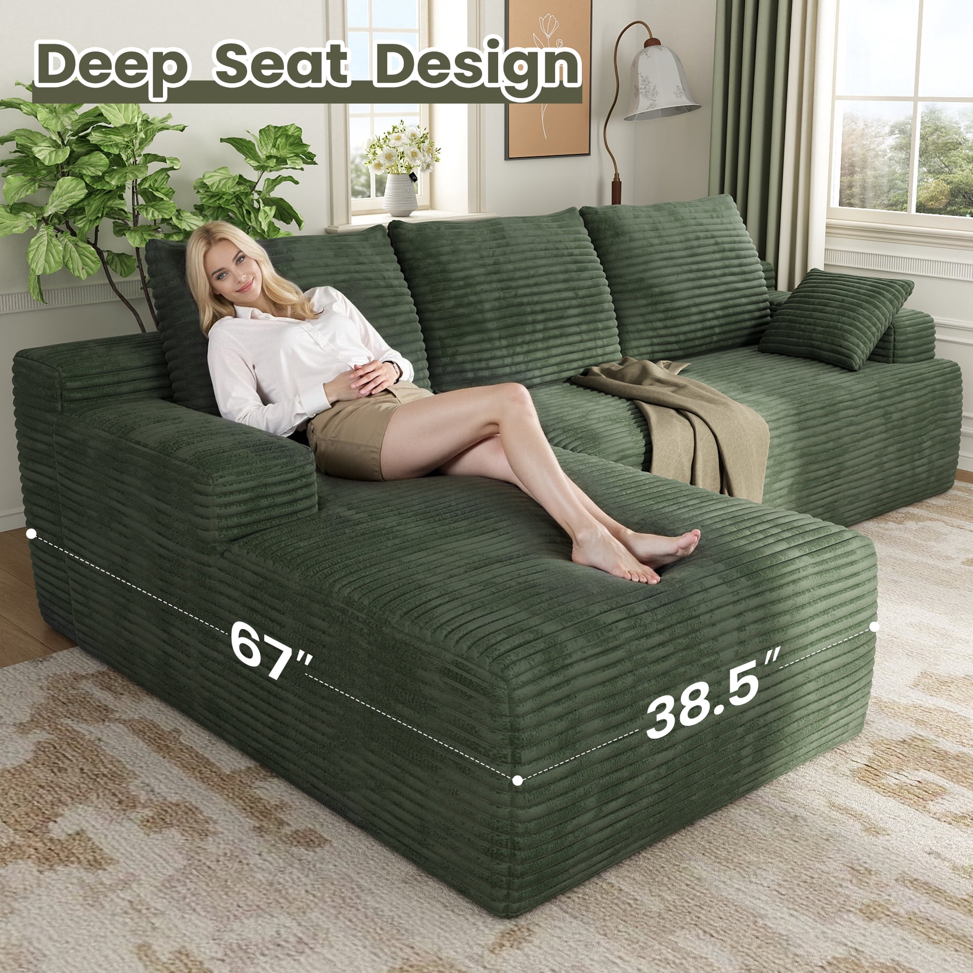 104" Cloud Sectional Couch with L-Shape Chaise, Modern Modular Sofa with Deep Seat, Upholstered Couches with Back Cushion for Living Room Bedroom, No Assembly Required, Green (Corduroy Fabric)