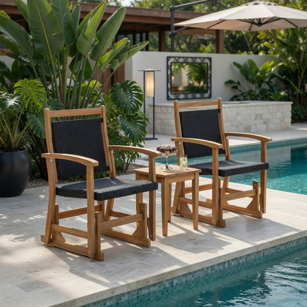 Hommoo Outdoor Glider Chair with PE Rattan Seat & Back, Acacia Wood Frame, Mixed Wicker Patio Rocking Chair for Backyard, Balcony, Poolside, Brown