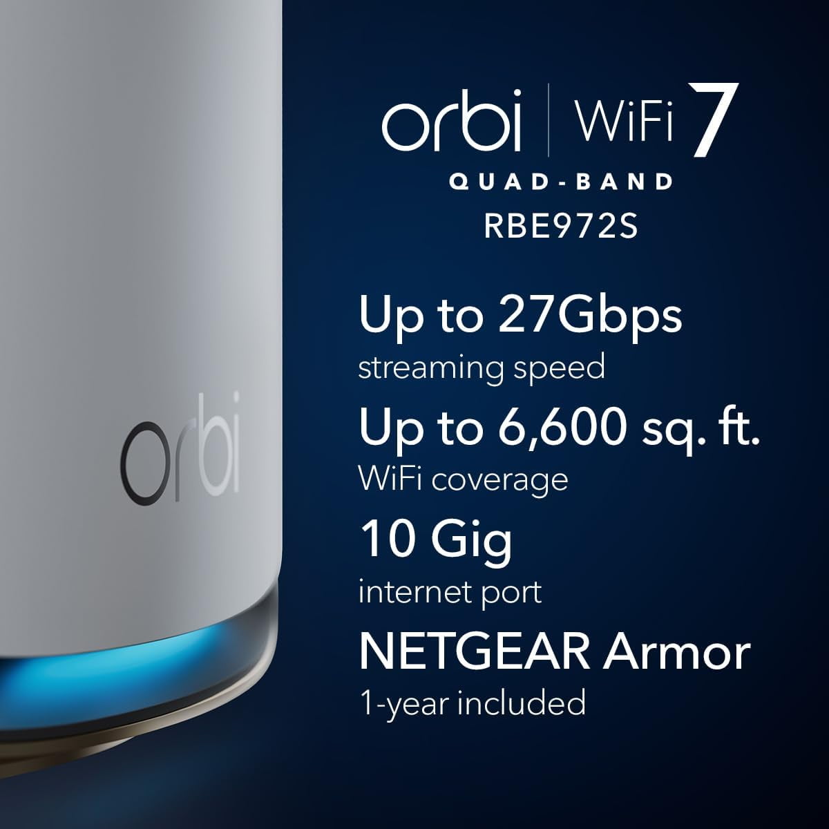 Restored NETGEAR Orbi 970 Series Quad-Band WiFi 7 Mesh Network System (RBE972) - Router + 1 Satellite Extender, Security Features, 27 Gbps, 6,600 sq. ft. (Refurbished)