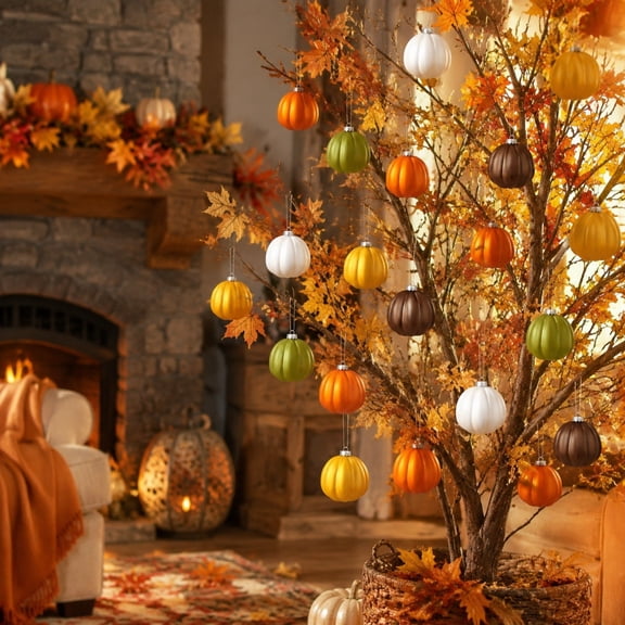 Pumpkin Hanging Ornaments, Shatterproof Plastic Mini Pumpkin Balls for Halloween Thanksgiving Fall Tree Decor