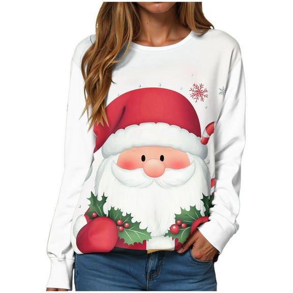 Kaprioy Womens Cute Christmas Sweatshirts Long Sleeve Tops Pullover Sweatshirts Christmas Interested Holiday Crewneck Fall Fashion Clothing White, XL