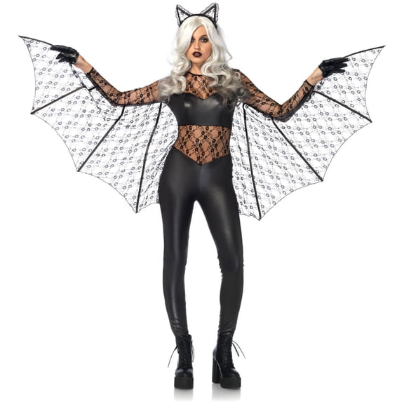 Leg Avenue 's 2Pc.Black Magic Bat,Wet Look Lace Catsuit W/Wing Sleeves,Headband Small Black