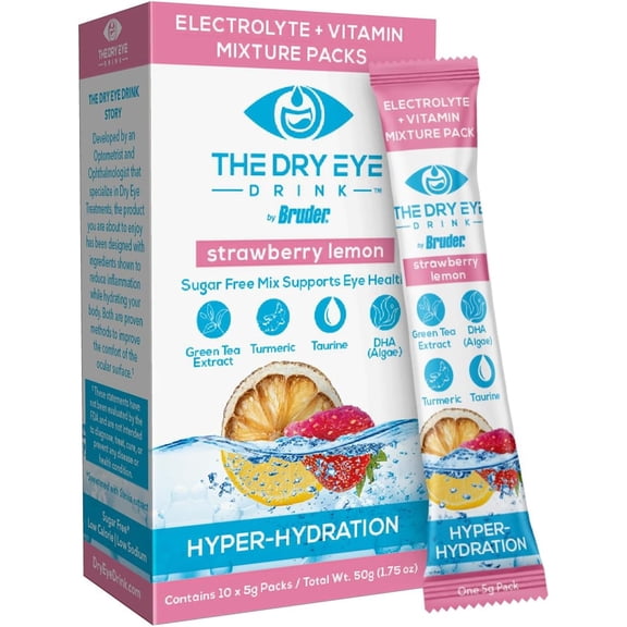 The Dry Eye Drink l Ultimate Hydration for Dry Eyes l Sugar-Free Electrolyte Powder Packets l Blended with Vitamins, Green Tea, Turmeric, Taurine, and DHA l 5g x 10 Packets (Strawberry Lemon)