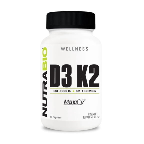 NutraBio Vitamin D3 K2 | 5000 IU D3 as Cholecalciferol with Vitamin K2 as MENA-Q MK7 (180mcg) | Support Bone and Heart Health | Non-GMO, Gluten Free, Lactose Free | 60 Vegetable Capsules