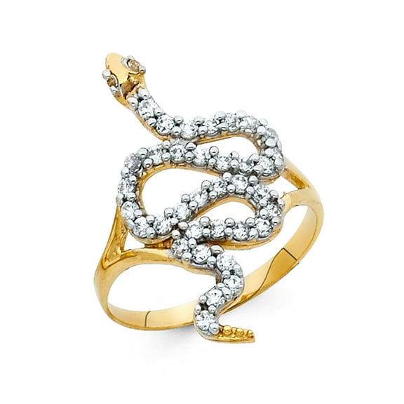 Snake Ring Solid 14k Yellow Gold Serpent Band CZ Stylish Curve Design Polished Finish Fancy, Size 7