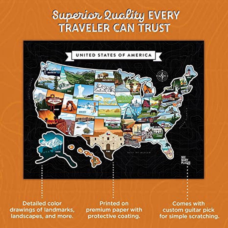 5 Large US States Travel Tracker Map - Iron On Embroidered Patch & Coloring Poster Activity Kit
