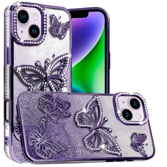 For Apple iPhone 15 Case, Luxury Butterfly Sparkle Glitter Diamond Crystal Rhinestone Shimmer Bling Plating Thick TPU Hard PC Phone Cover (Purple)