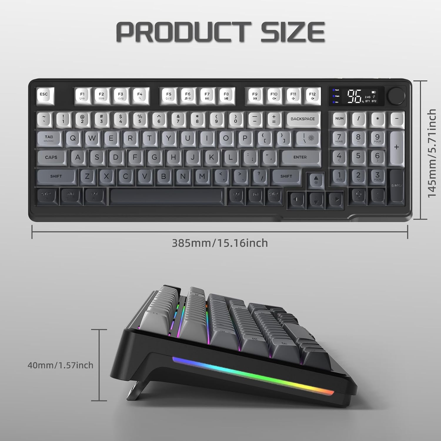 FREEWOLF M96 Wireless Gaming Keyboard Creamy Membrane with Rainbow Backlight,Media Knob,LCD Screen,Dual Mode-Bluetooth/2.4Ghz,Ball Shape PBT Keycap 94 Key...