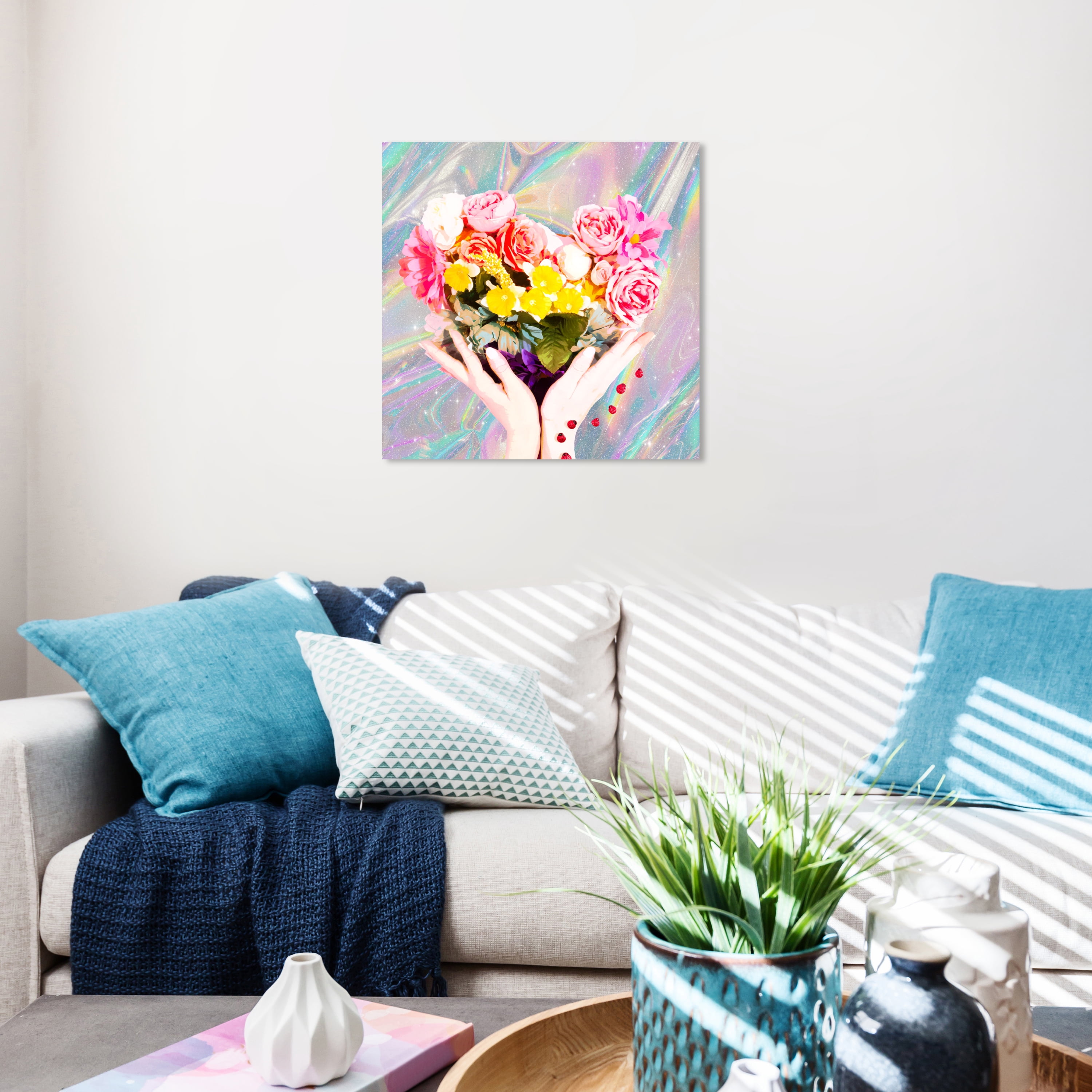 Wynwood Studio Canvas Holographic Floral Heart Floral and Botanical Florals Wall Art Canvas Print Pink 20x20