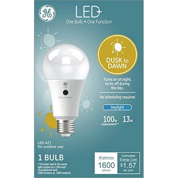 GE LED Dusk to Dawn Light Bulb, Outdoor Security Light, Daylight, 100 Watt Replacement, Medium Base, No Scheduling Required (1 Pack)