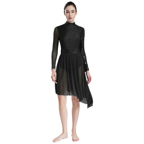 YiZYiF Lyrical Dance Dress for Women Sequins Long Sleeve Tulle Skirt Contemporary Dancing Clothes Black M