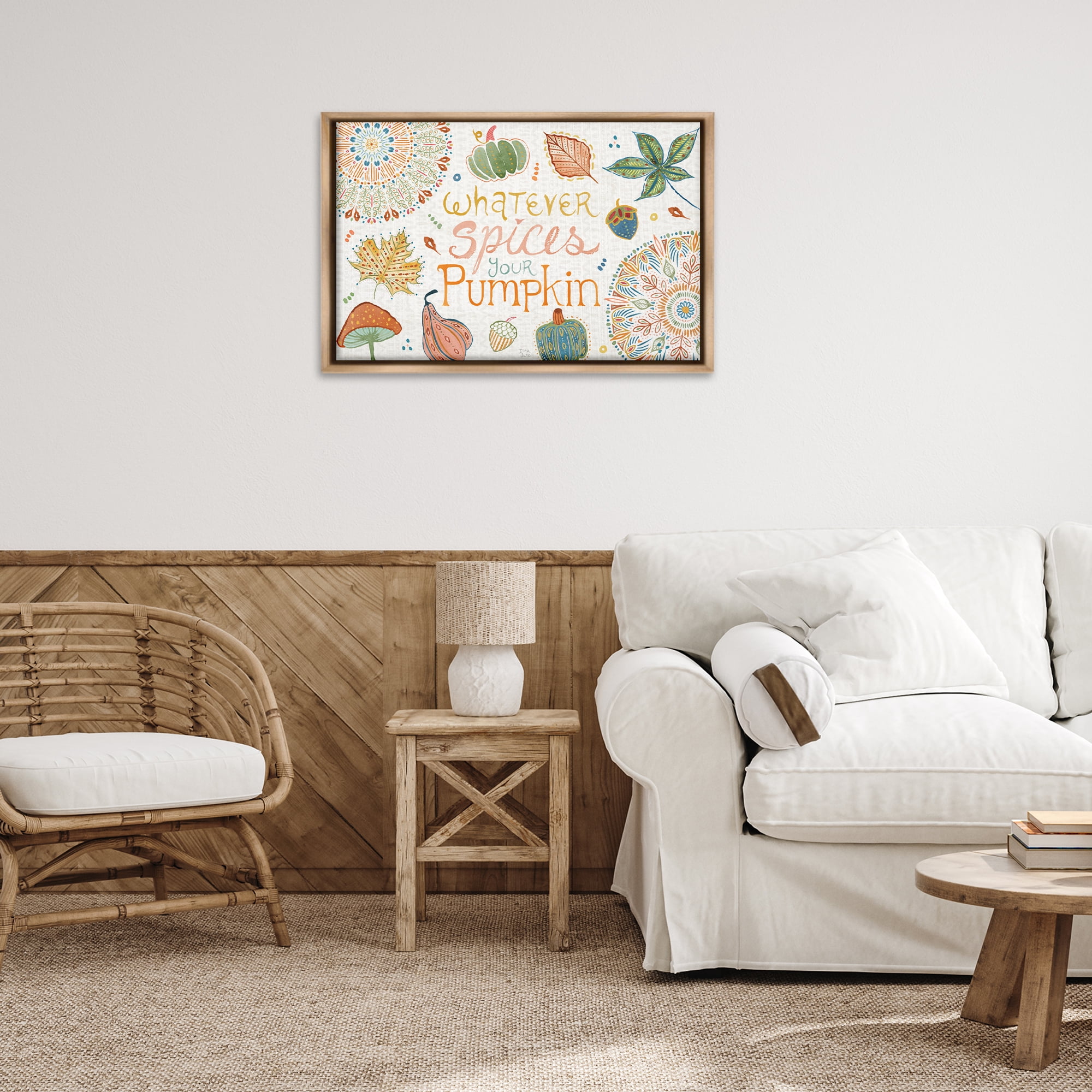 Stupell Industries Whatever Spices Your Pumpkin Holiday Painting Brown Floater Framed Canvas Art Prints Wall Art, 31 x 21