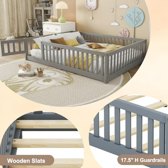 Bellemave Full Size Bed Floor Bed with Safety Guardrails and Door, loor Bed with Bed Slats Sturdy Wood Floor Bed Montessori Bed Frame, Gray