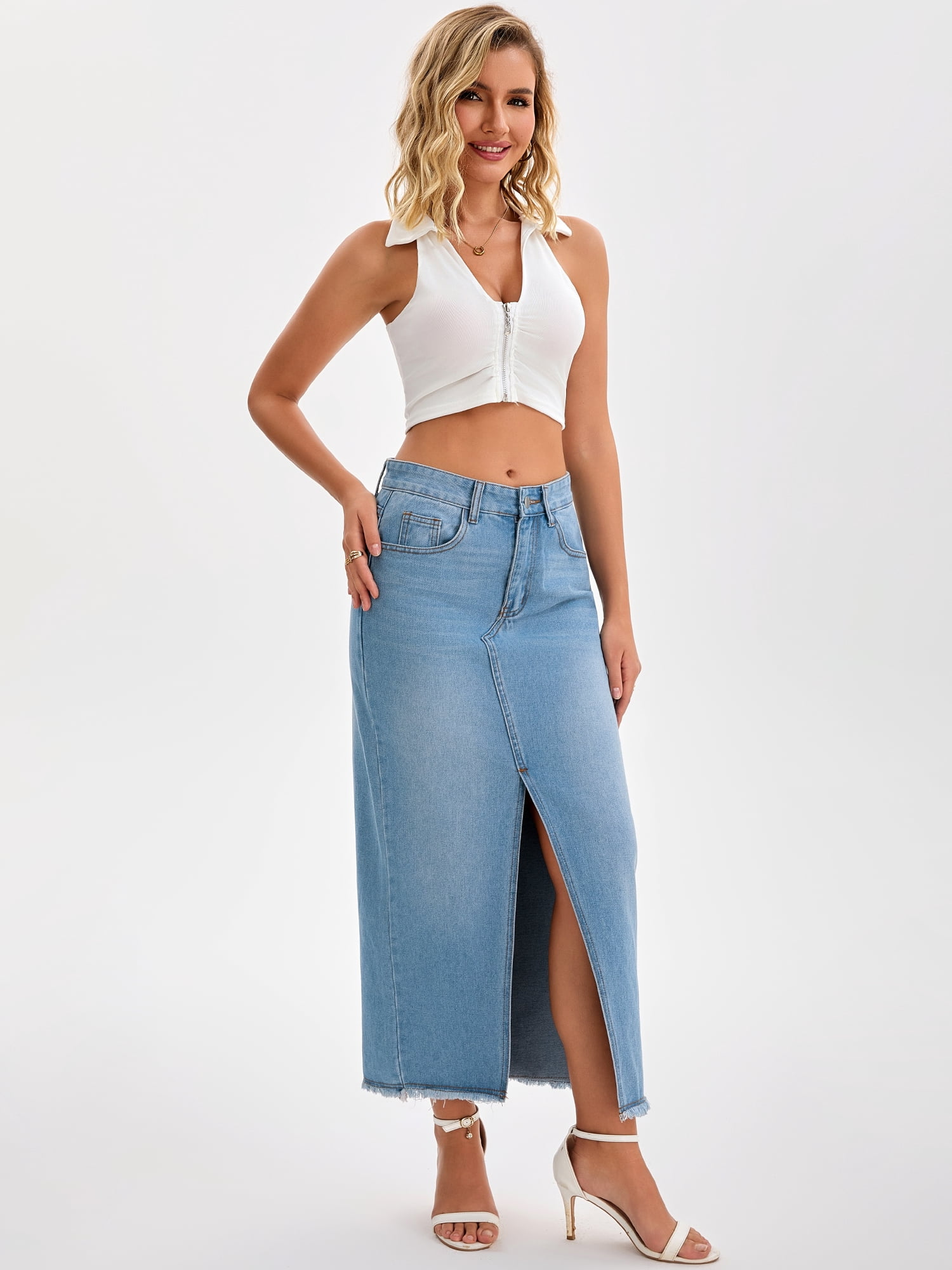 DARING DIVA Women's Denim Split Front Raw Hem Washed Maxi Jean Skirts Large Light Blue
