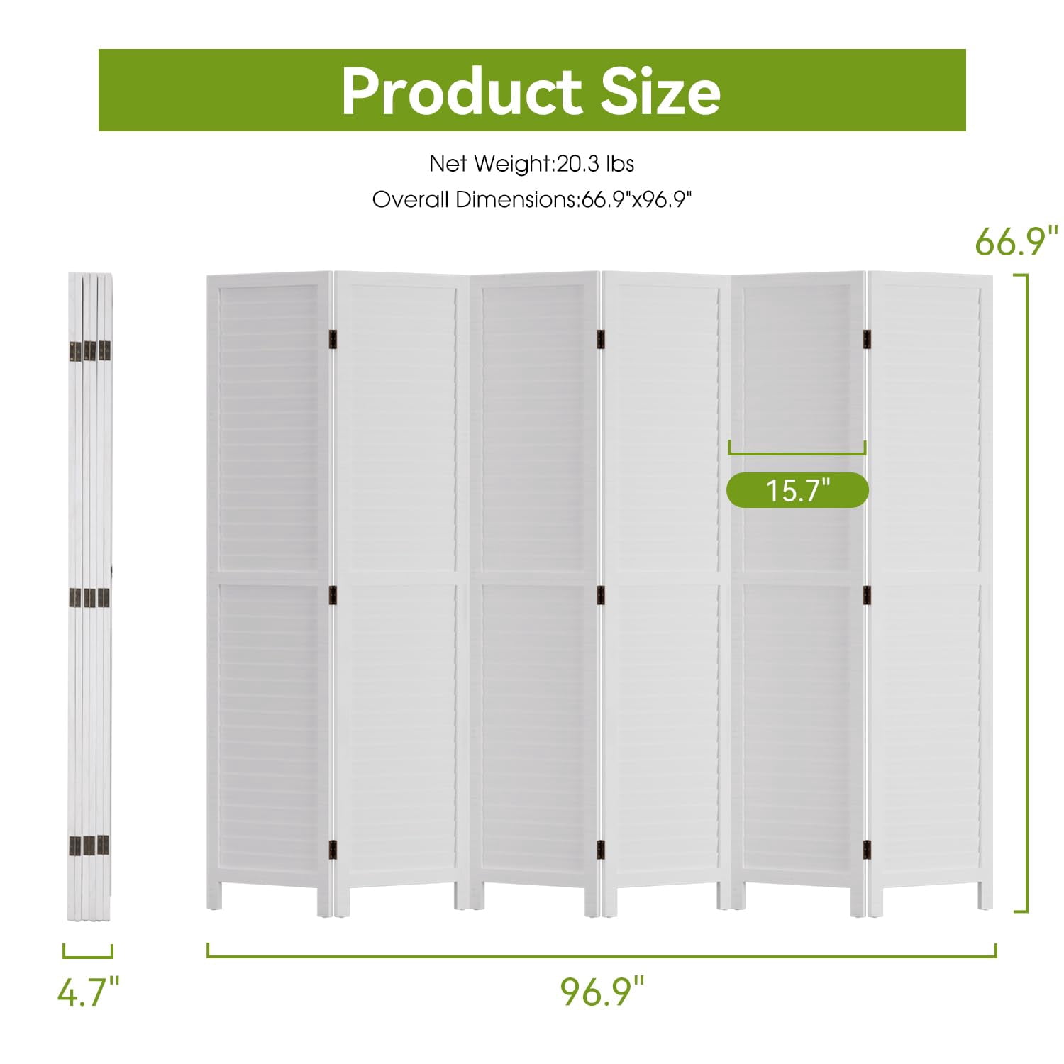 NiamVelo Wood Room Divider 6 Panel Privacy Screen Folding Freestanding Partition 5.74 FT Tall Wall Divider for Home Office, White