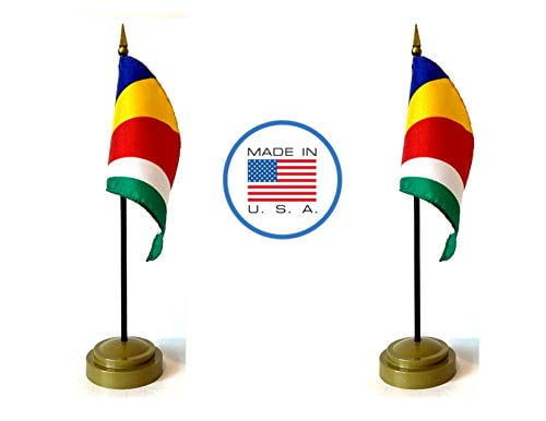 1 American and Seychelles Rayon 4x6 Miniature Office Desk & Little Hand Waving Table Flag Includes 2 Flag Stands & 2 Small 4x6 Mini Stick Flags Made in The USA