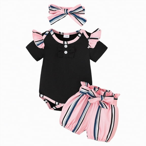 ZHANGDER Infant Baby Girl Clothes Romper Shorts Set Ruffle Sleeve Romper and Floral Shorts with Headband Cute Baby Clothes Girl, Black 6-9 Months