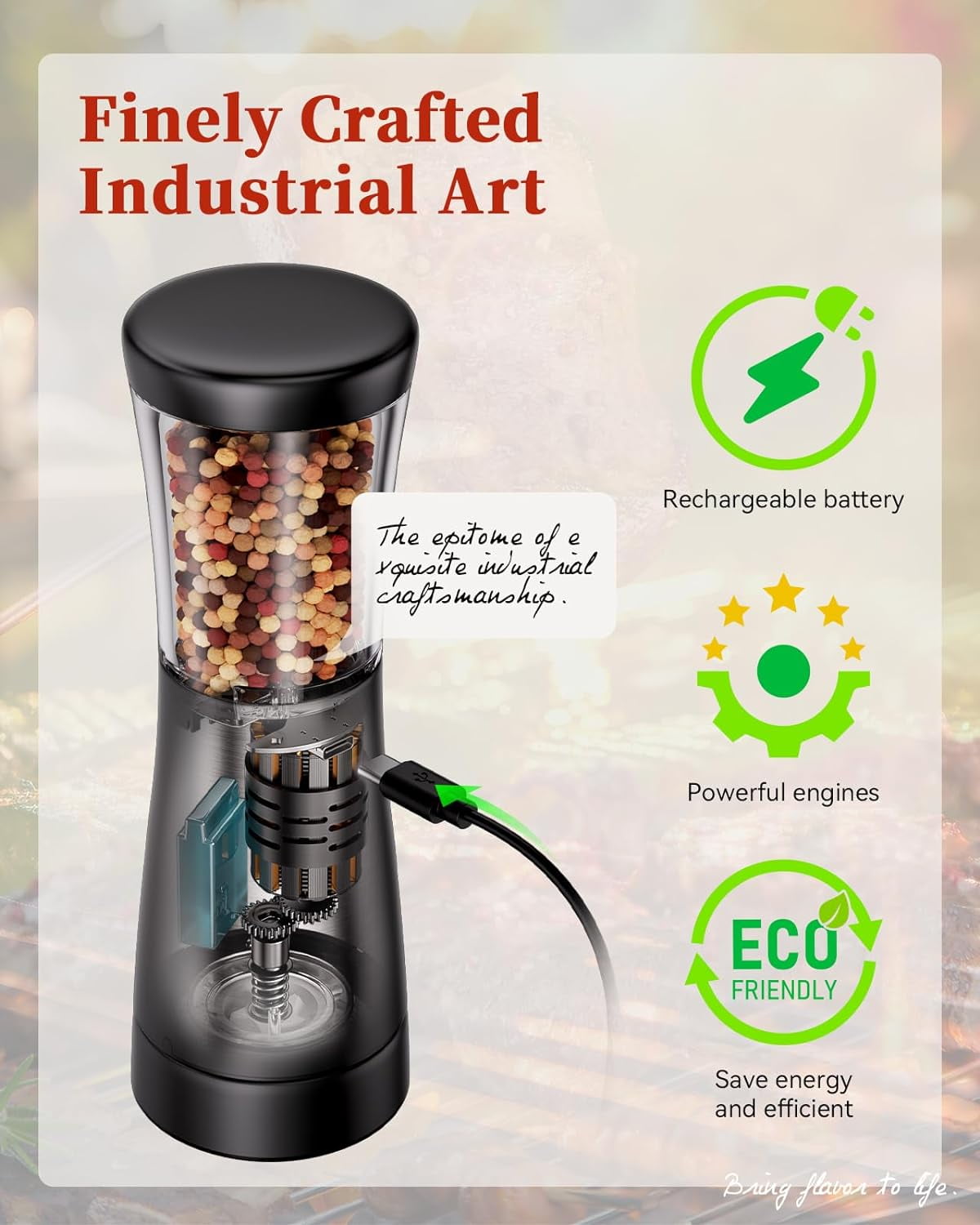 Tomeem Electric Salt and Pepper Grinder Set Rechargeable Adjustable Coarseness Stainless Steel Automatic Shaker with Light