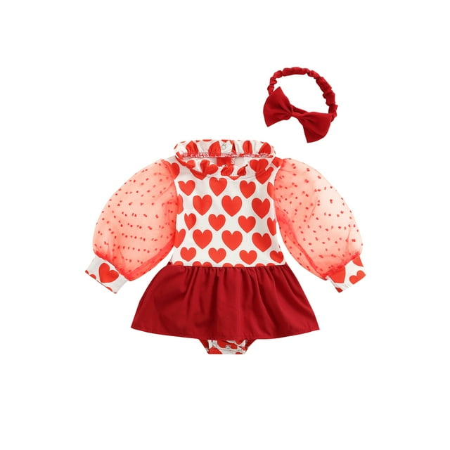 Xingqing Saint-Valentin 2 Pcs Barboteuse Bébé Filles Robe Bandeau Imprimé Cœur Manches Bouffantes Col Montant Combinaison Rouge 0-3 Mois
