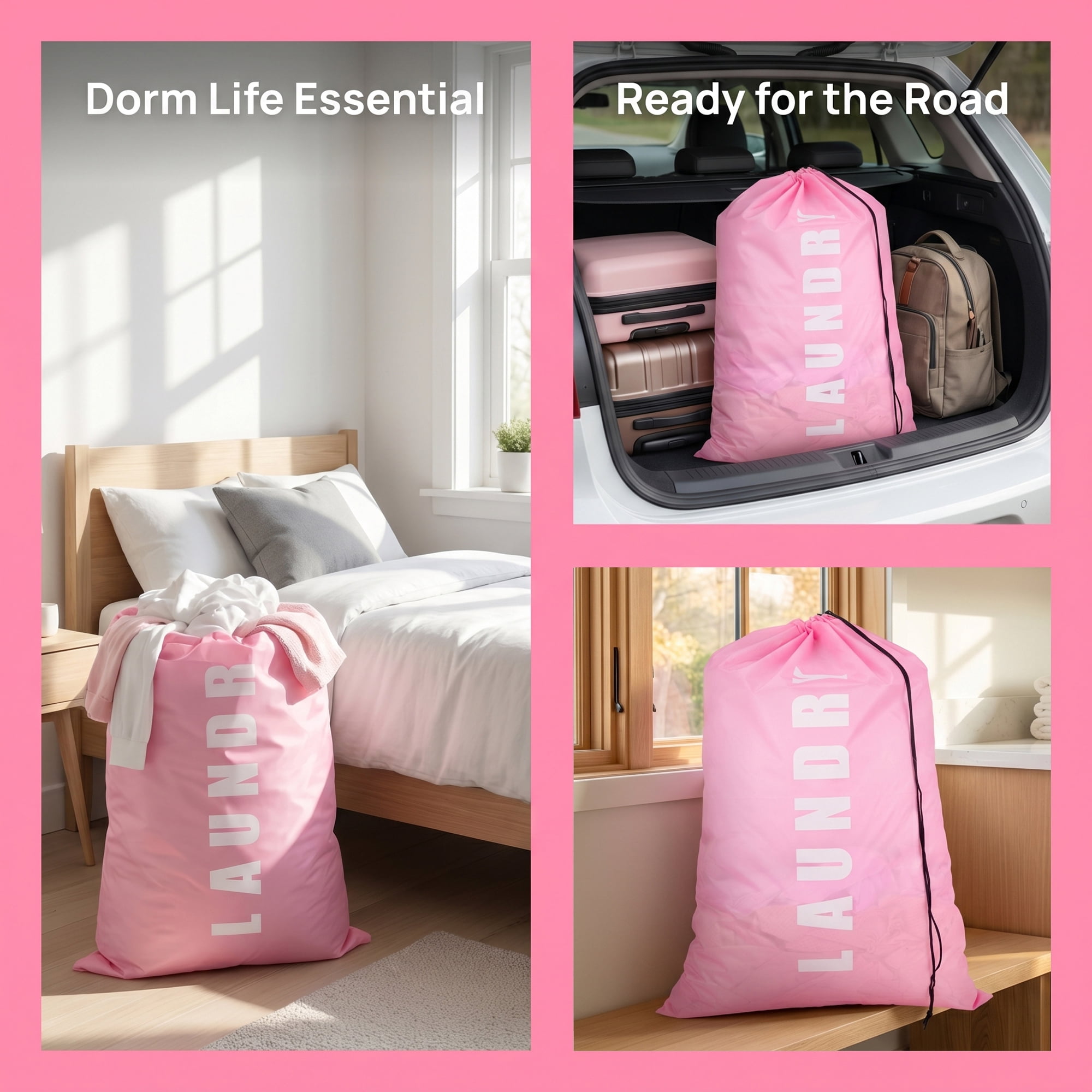 Unique Bargains 2Pcs Waterproof Wet Dry Travel Laundry Bag Pink-White 24" x 36.2"