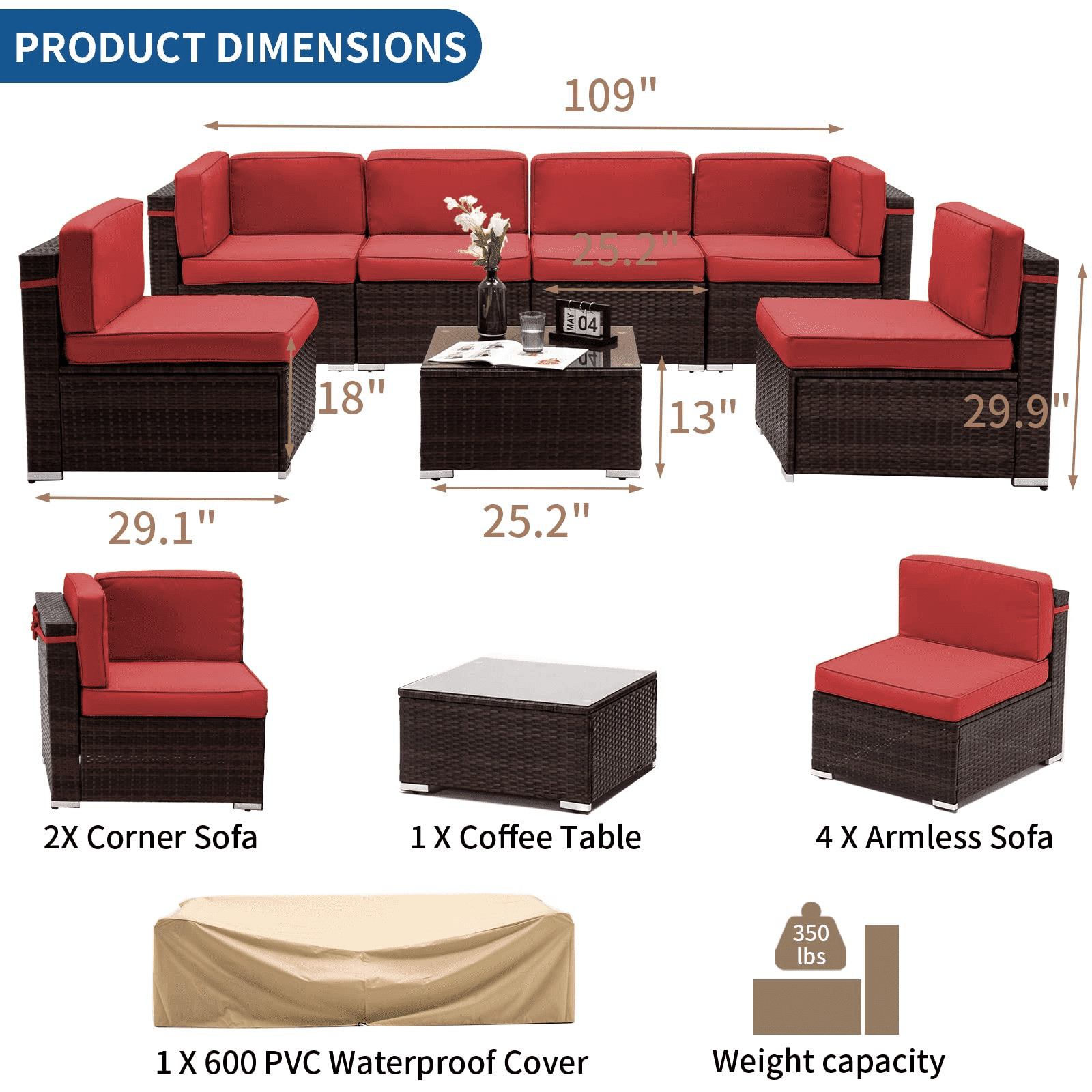 Amopatio 7 Pieces Patio Conversation Set, Outdoor Sectional PE Rattan Wicker Furniture Seat,Red
