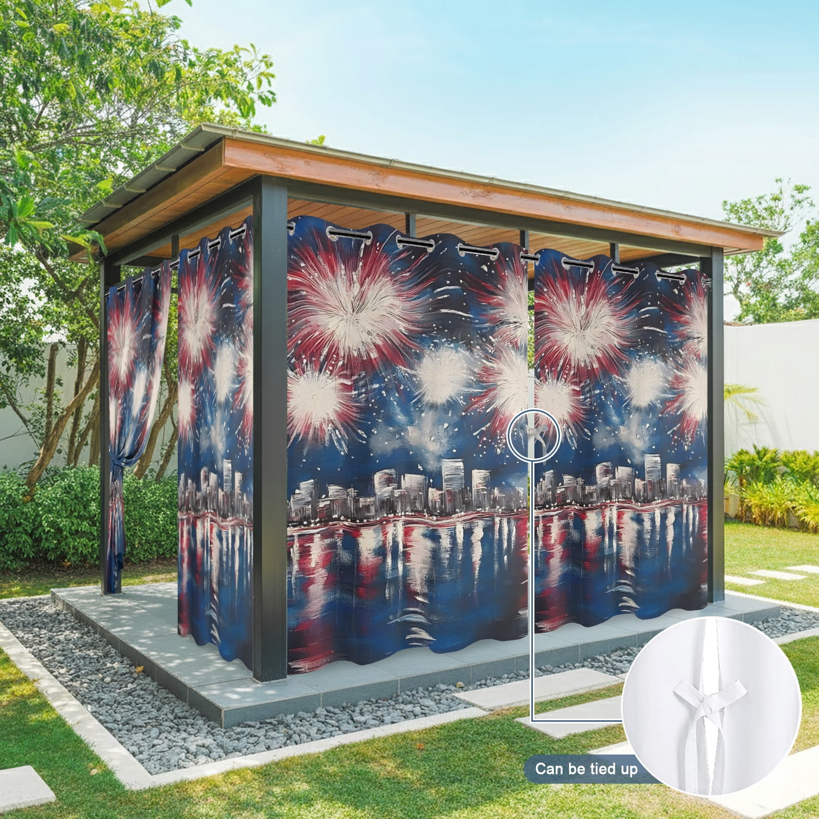 Independence Day Outdoor Curtains for Patio, Fireworks City Night Scene Patriotic Sunshade Privacy Drapes Grommet Waterproof Outside Curtains for Porch/Cabana/Balcony 54"x 108", 1 Panel