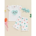 thumbnail image 2 of FEORJGP Kids Little Girl Summer Outfits 6M-4T Toddler Baby Fly Sleeve T-Shirts Vests Heart Patch RibbedCrew Neck Tops Heart Print Ruffle Shorts Headba3 Piece Daily Set for Beachwear Vacation, 2 of 8