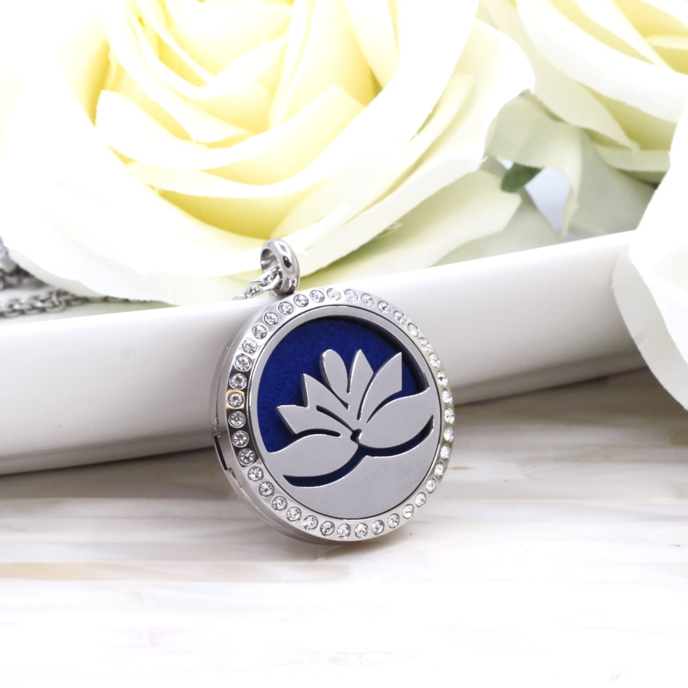Standard Rhinestone Lotus Aromatherapy Necklace Oil Lockets Jewelry Essential Oil Diffuser Necklace with Gift Box