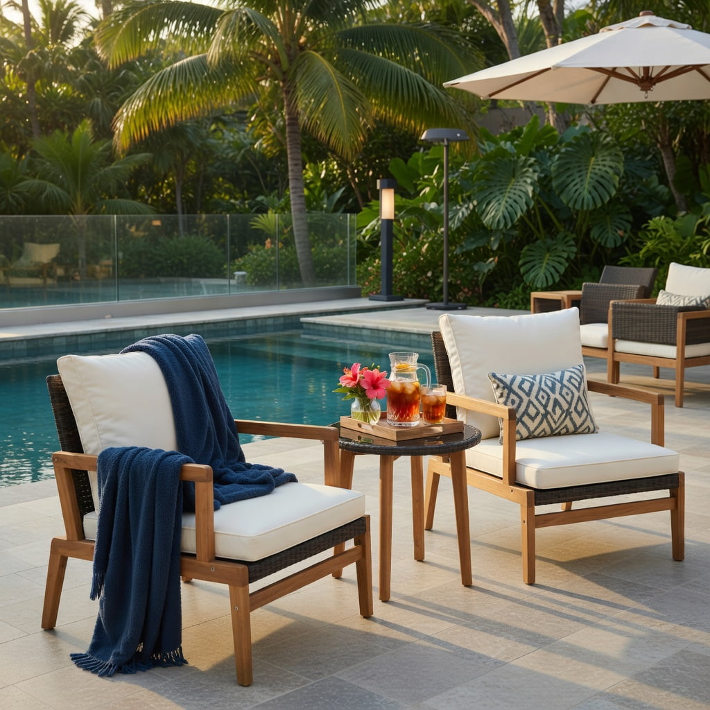 Hommoo 3-Piece Outdoor Patio Furniture Set, 2 Cushioned Rattan Chairs + Tempered Glass Side Table, PE Rattan & Polyester Cushions, Acacia Wood & Metal Frame, Brown
