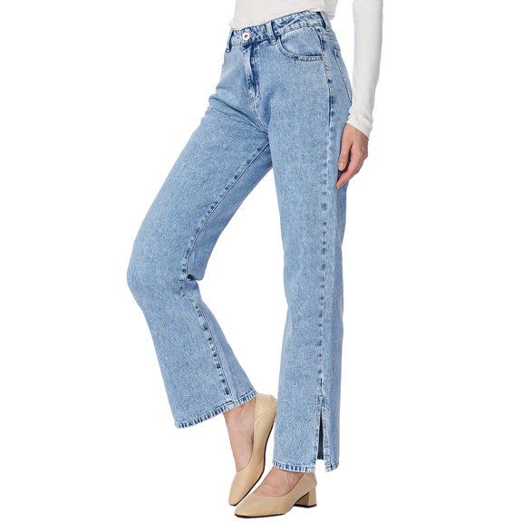 Women's High Rise Straight Leg Ankle Jeans Washed Side Slit Denim Pants, Light Denim, X-Large