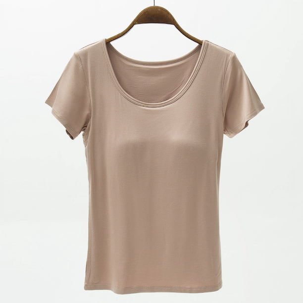 Camiseta de mujer de manga corta con almohadilla para el pecho de verano, sujetador de color liso, media manga, se puede usar como camisa de fondo