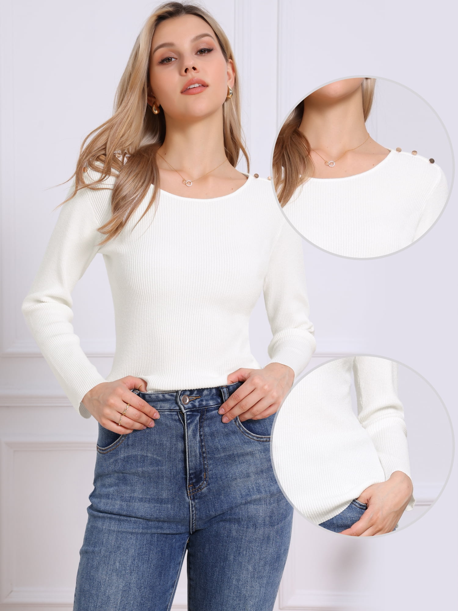 DARING DIVA Women's Long Sleeve Crewneck Fitted Pullover Sweaters M White