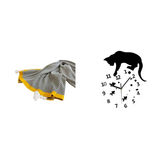 Manta de punto,Manta de punto decorativa para el hogar,Manta nórdica de estilo rústico,suave y reconfortante,Reloj de pared,Reloj de pared con forma de gato para sala de estar,dormitorio