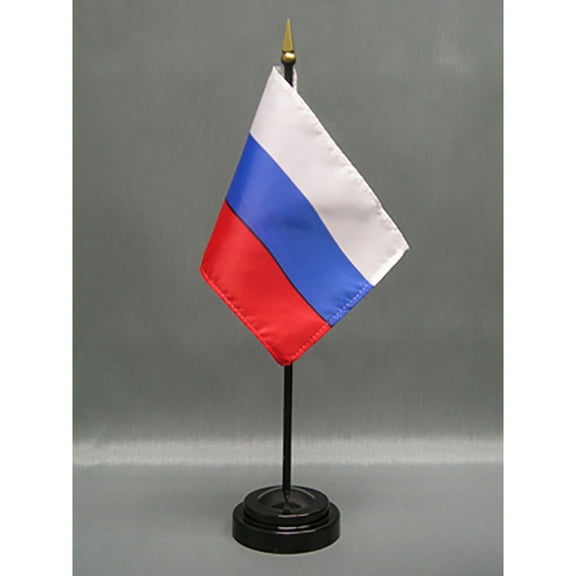 Made in The USA. 2 Russia Rayon 4"x6" Miniature Office Desk & Little Hand Waving Table Flags Includes 2 Flag Stands & 2 Small Mini Russian Stick Flags, Also Includes Russia Flag Lapel Pin.
