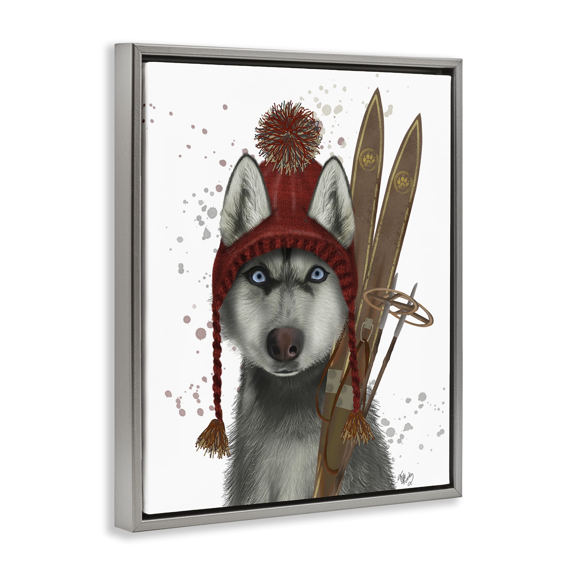 Stupell Industries Husky with Winter Skis Animals & Insects Painting Gray Floater Framed Canvas Art Prints Wall Art, 17 x 21