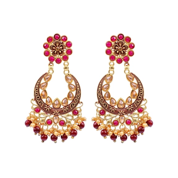 Crunchy Fashion Bollywood Jewellery Traditional Ethnic Bridal Bride Wedding Bridesmaid Indian Maroon Kundan Crystal Floral Dangle Earrings Jewelry For Women