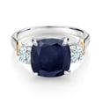 thumbnail image 2 of Gem Stone King 925 Silver and 10K Yellow Gold Blue Sapphire and Sky Blue Aquamarine 3 Stone Ring for Women (5.10 Cttw, Gemstone September Birthstone, Cushion 10MM, Round 4MM, Size 6), 2 of 3