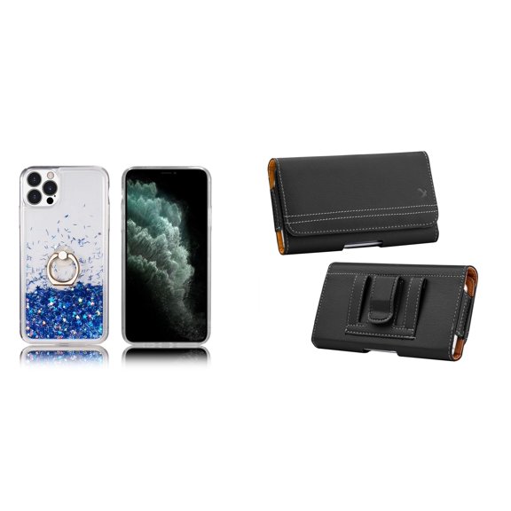 Waterfall Liquid Glitter Stand Case and Belt Holster Pouch for iPhone 14 Pro - Blue