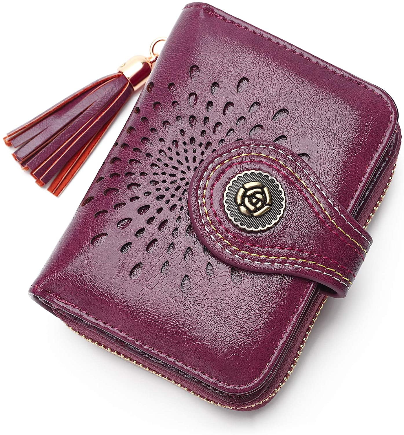 SENDEFN Womens RFID Blocking Leather Small Compact Bi-fold Zipper Pocket Wallet Card Case Purse with ID Window 