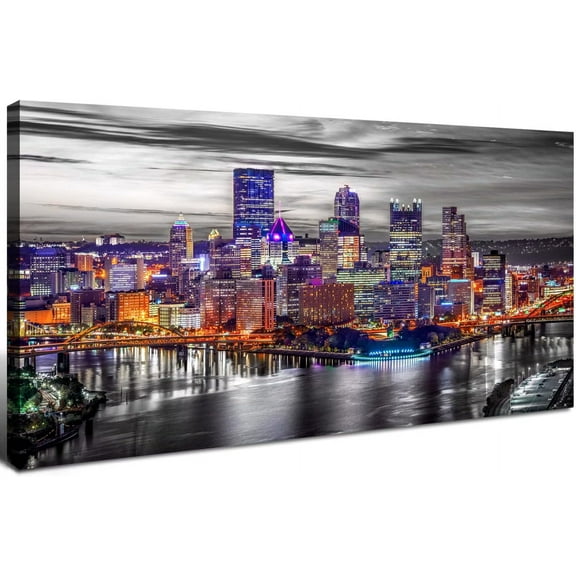 Aaheei Pittsburgh Wall Art Black and White City Skyline Canvas Wall Decor for Living Room Bedroom Decor Night Cityscape Canvas Prints Poster Modern City Panoramic Artwork Office Home Decorations