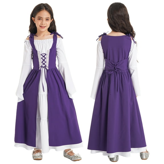 iiniim Kids Girl's Renaissance Dress up Halloween Fancy Medieval Gothic High Waist Gown Maxi Dress Purple 14