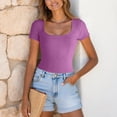 thumbnail image 5 of larppty Women's Square Neck Short Sleeve Long Sleeve Bodysuit Sexy Body Suits Shirt Slim Fitted Tops（Pink， M）, 5 of 6