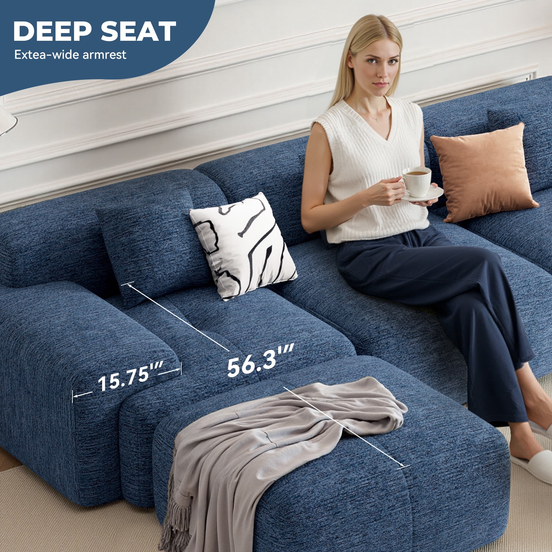 Daluvenix 122" Modern L Shaped Modular Sectional Sofa, Chenille Modular Cloud Couch for Living Room with Deep Seat, 4 Seater Convertible Cloud Couch Sofa Set, No Assembly Required, Blue